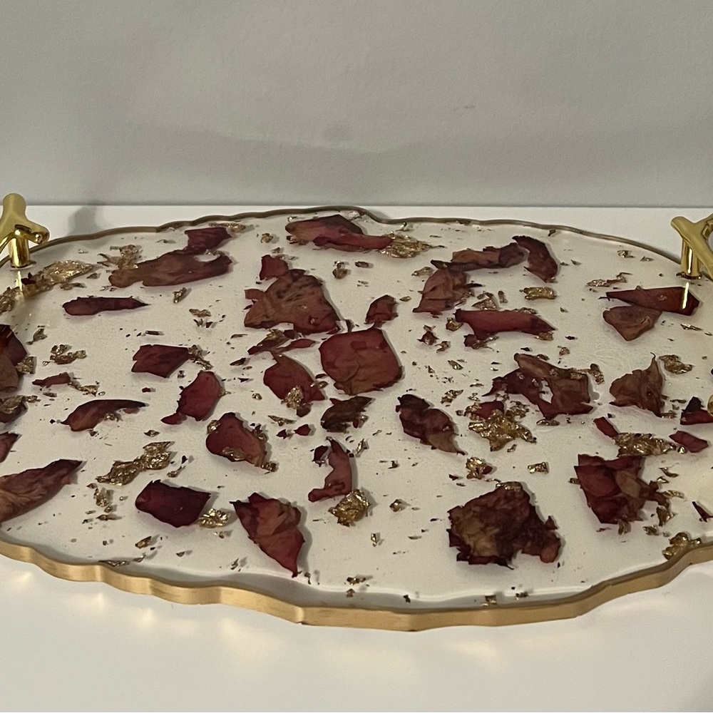 Resin Rose Petal Vanity Tray with Gold Handles